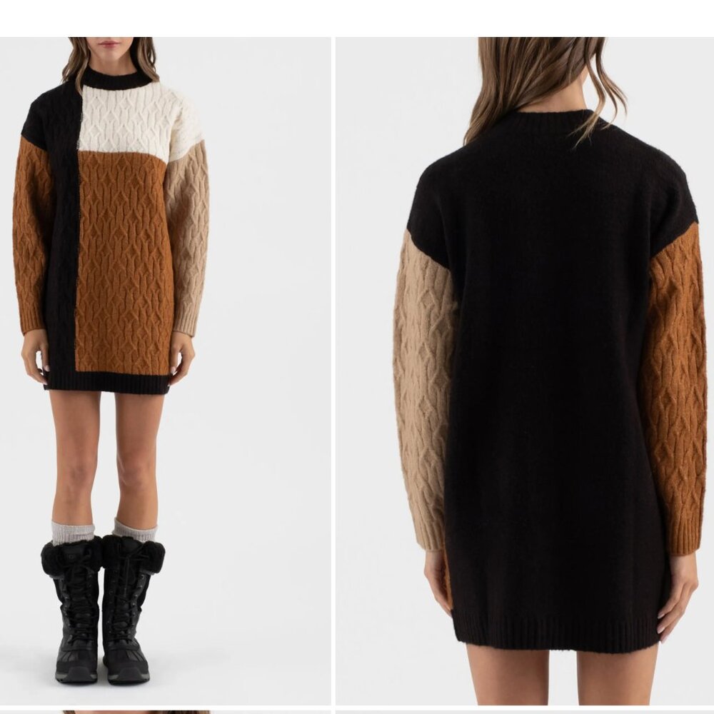 Colorblock Long Sleeve Sweater Dress - black multi color